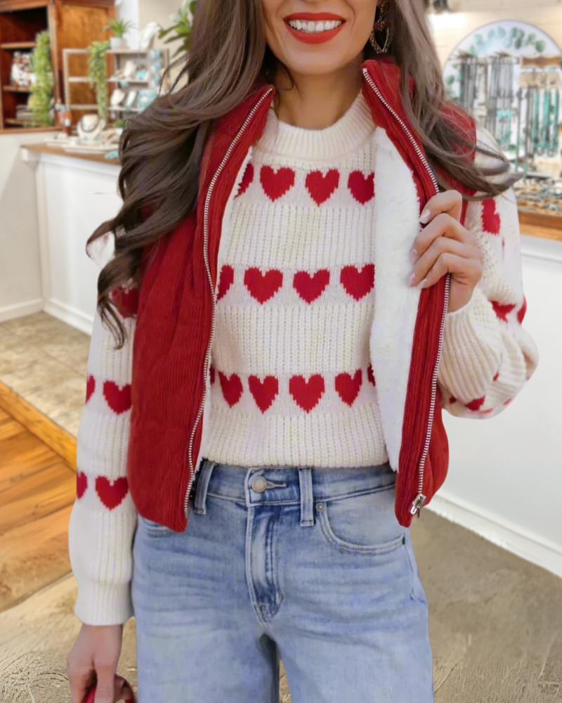 Heart-Shaped Ribbed Crewneck Sweater