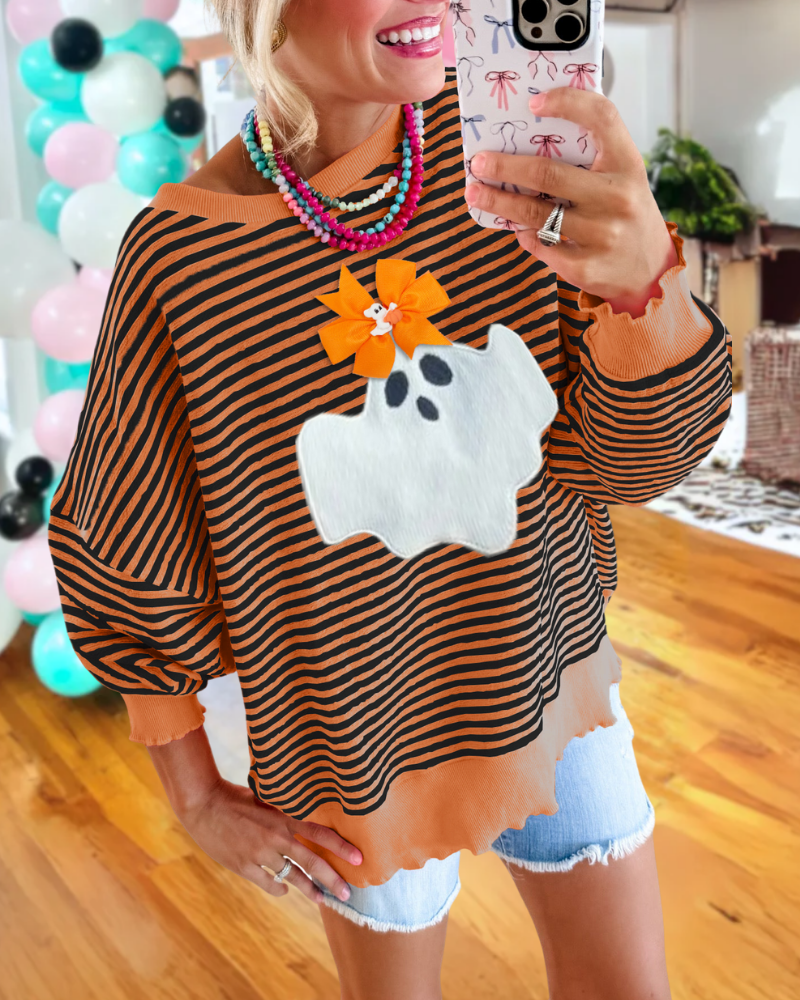 Halloween Ghost Bow Embellished Striped Sweatshirt