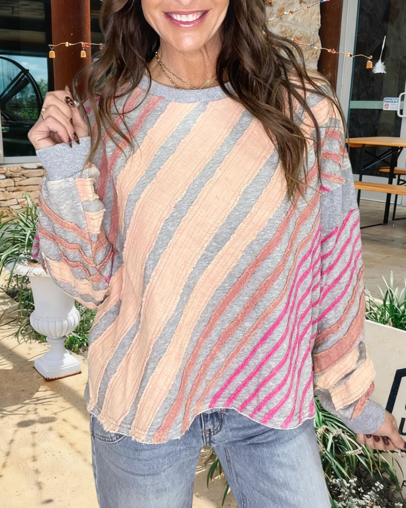 Striped Patch Crew Neck Top