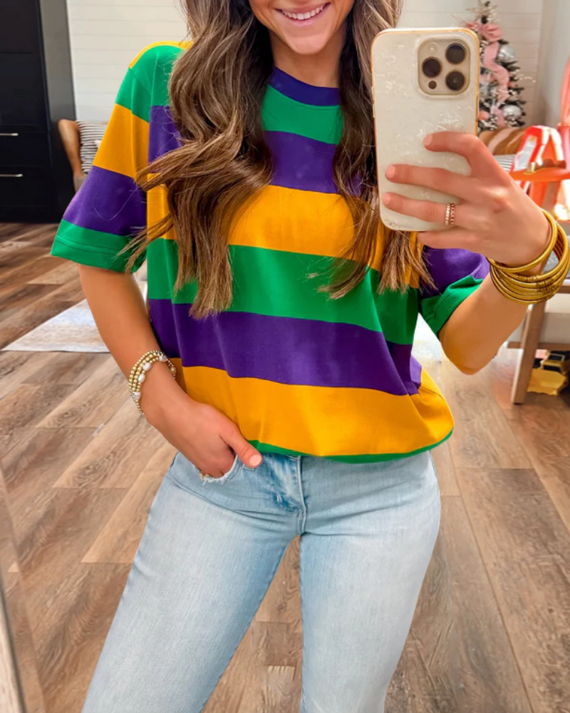 Mardi Gras Striped Crewneck Top