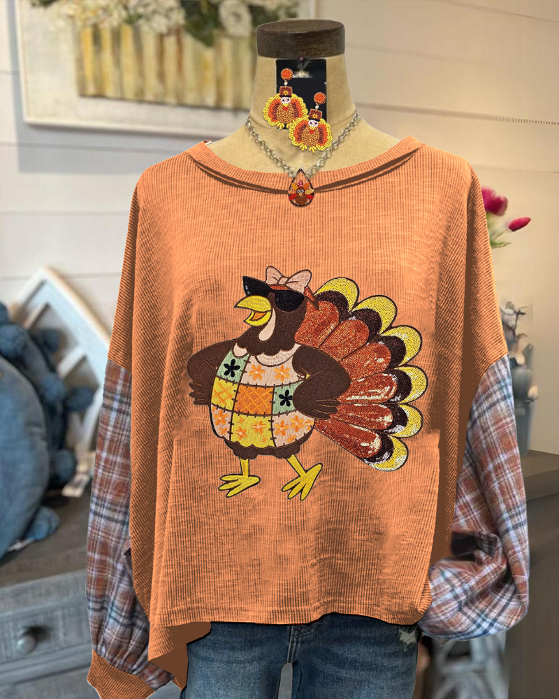 Turkey Sequin Patchwork Sleeve Sweatshirt