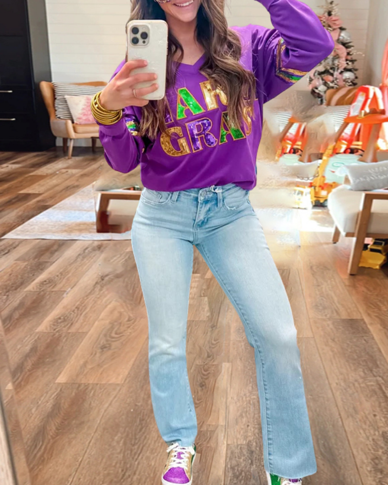 Mardi Gras Embroidered V-Neck Top