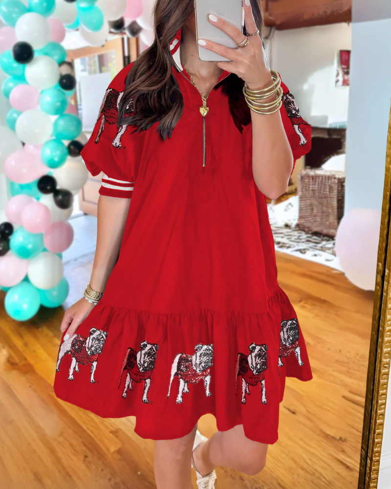 Bulldog Sequin Half-Zip Dress