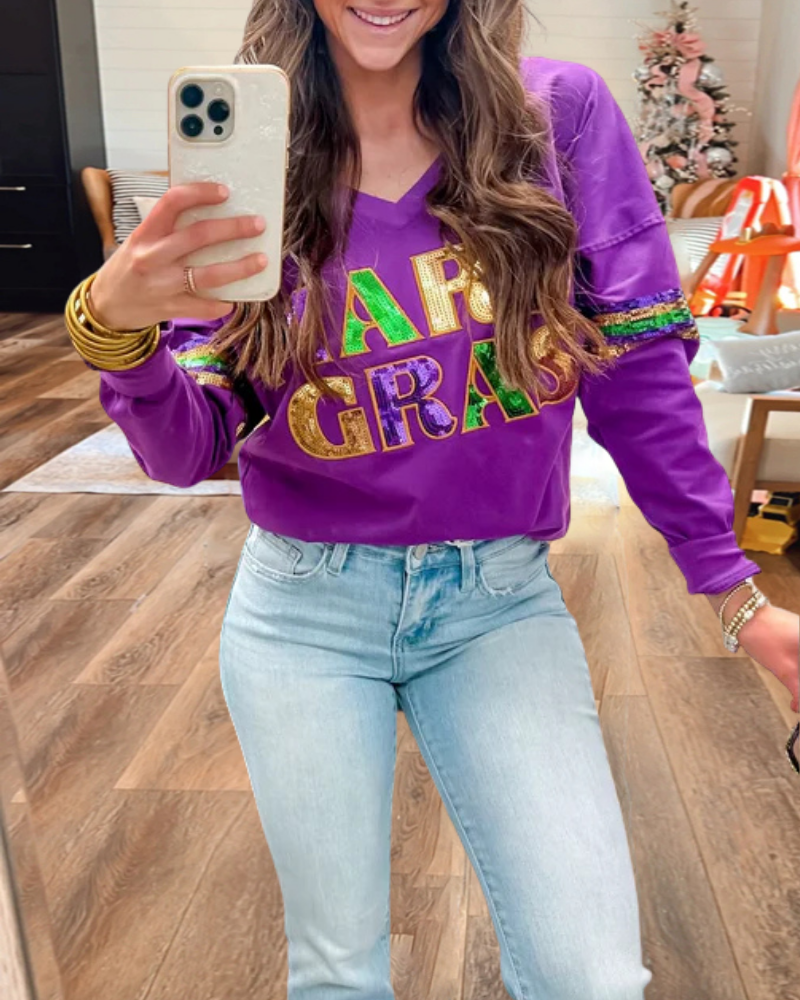 Mardi Gras Embroidered V-Neck Top