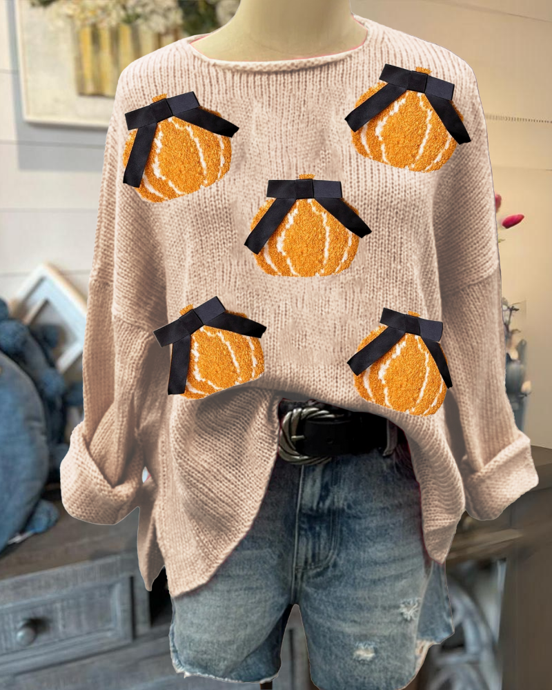 Bow Pumpkin Embroidered Sweater