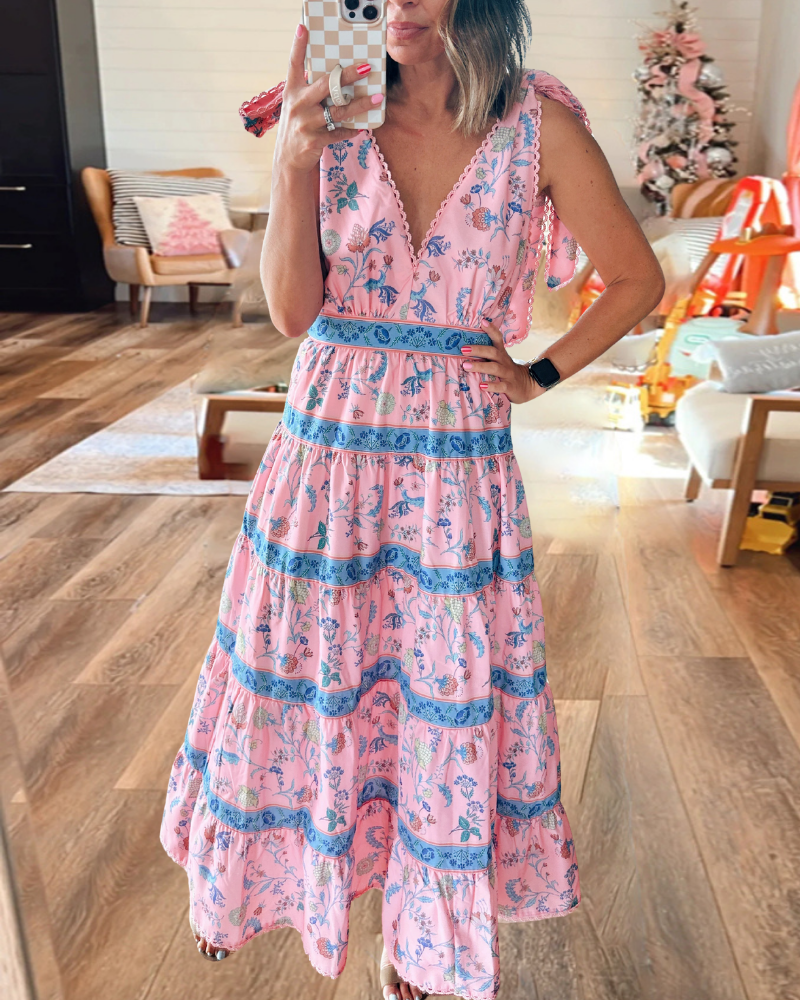 Floral Striped V-Neck Backless Midi Dress