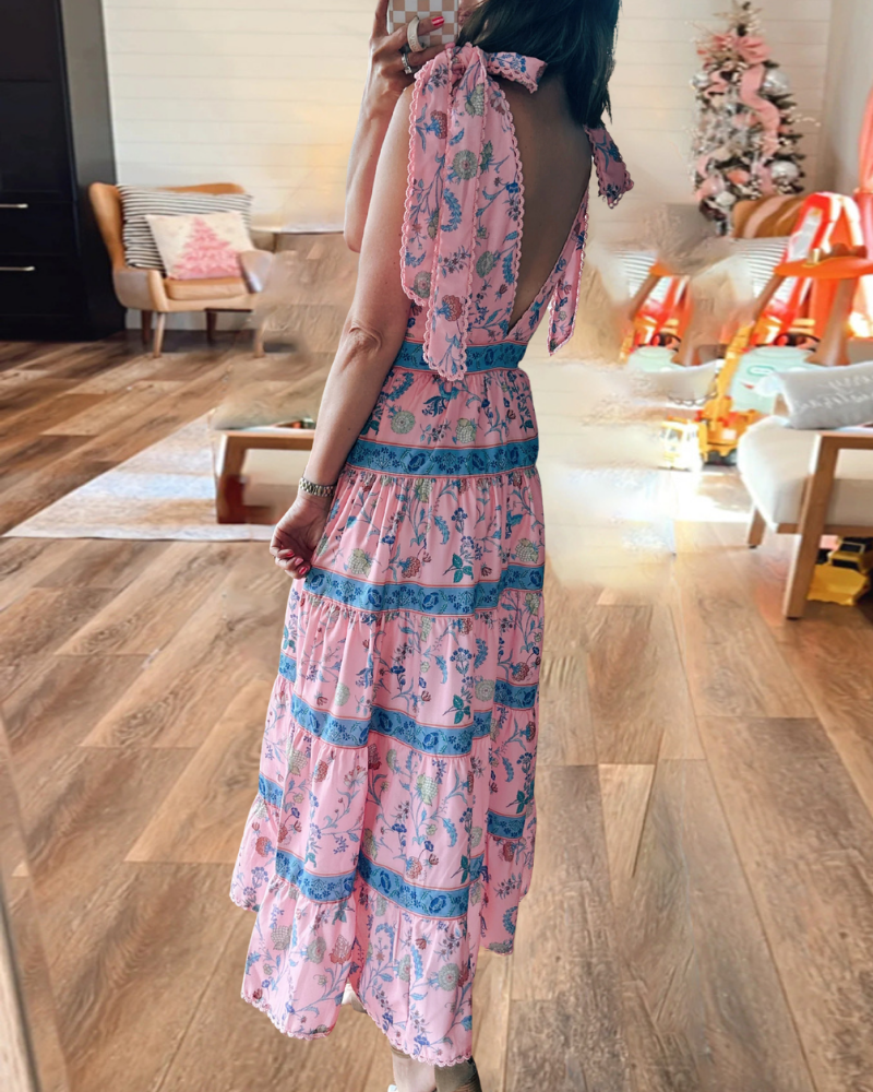 Floral Striped V-Neck Backless Midi Dress