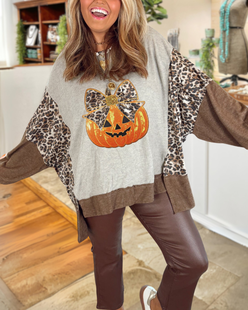 Cheerful Pumpkin Leopard Sequin Sweatshirt