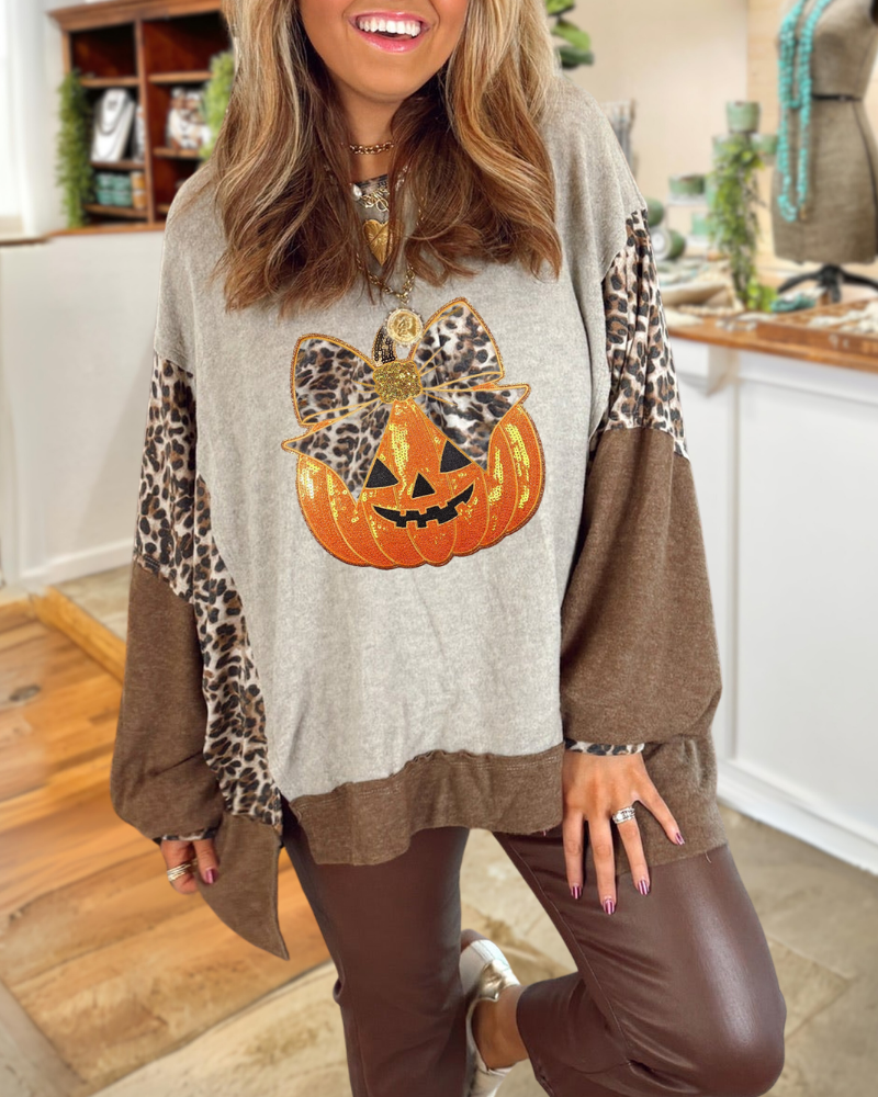 Cheerful Pumpkin Leopard Sequin Sweatshirt