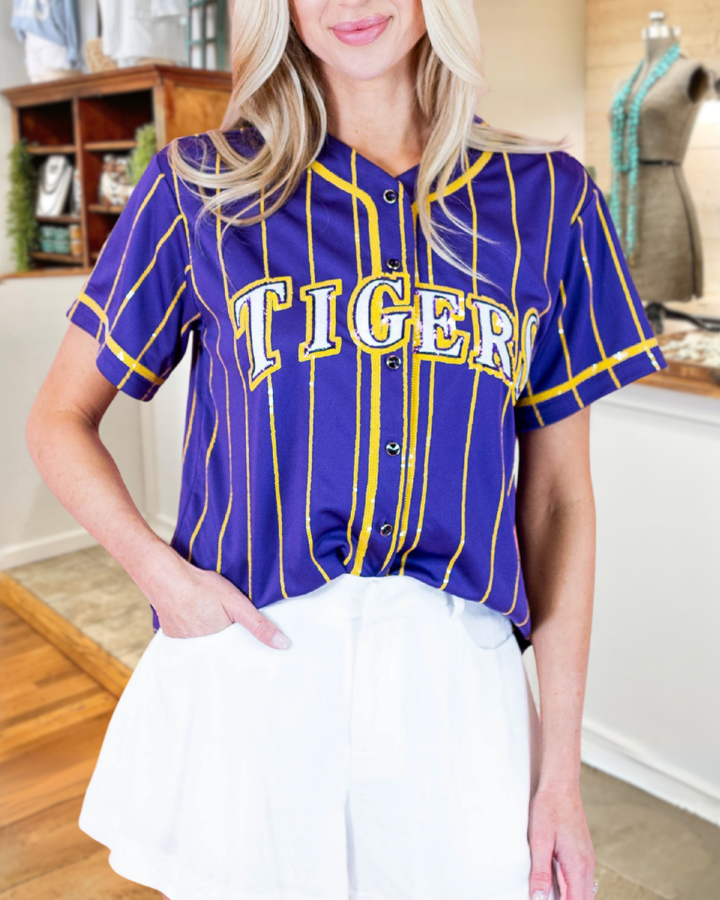 TIGERS Sequined Striped Top
