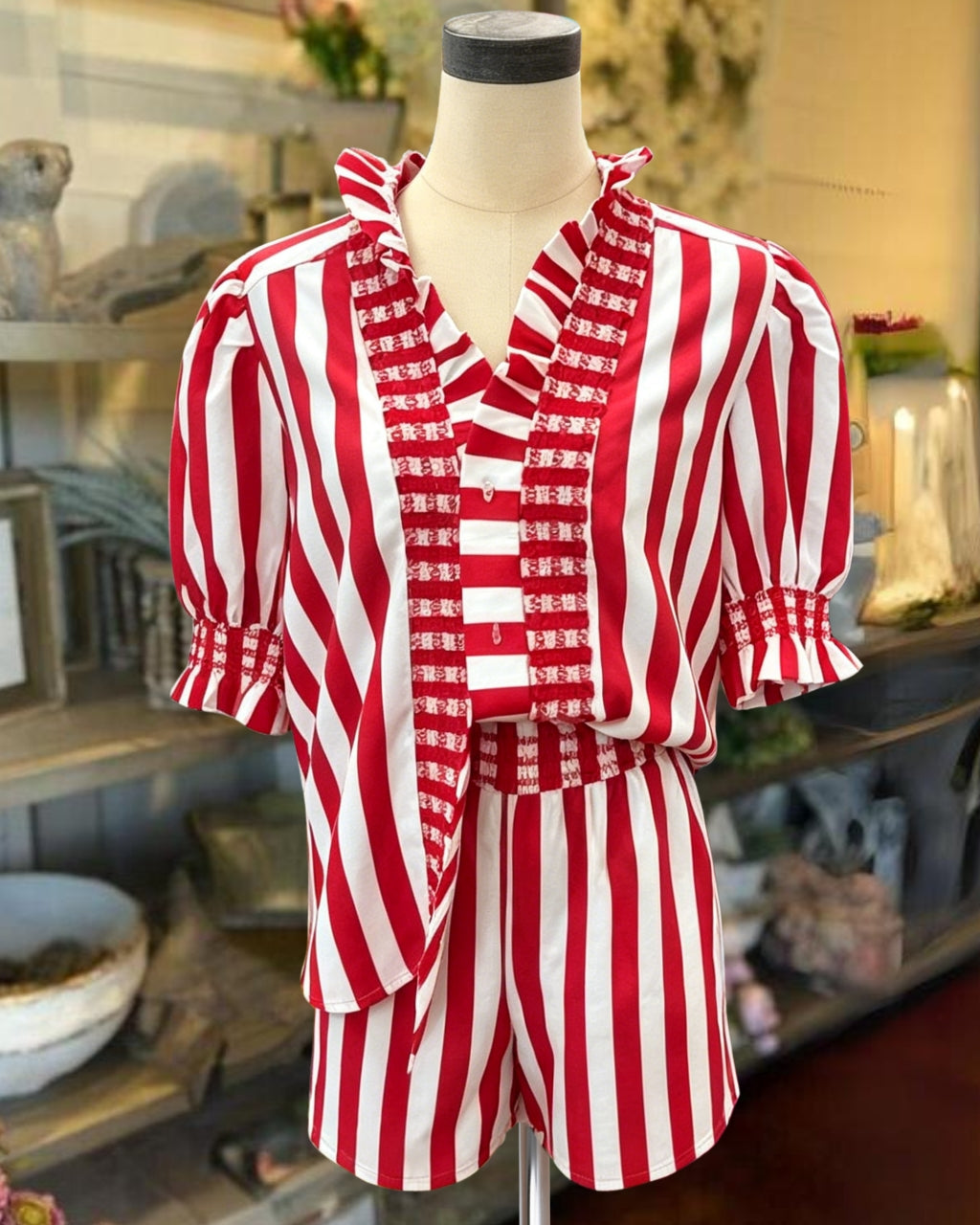 Ruffled V-neck Striped Shorts Set