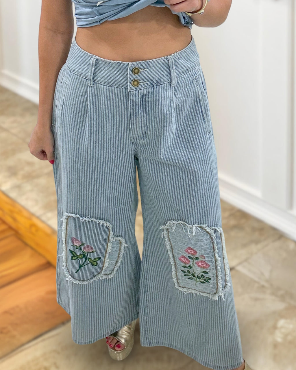 Floral Embroidered Patch Striped Pants