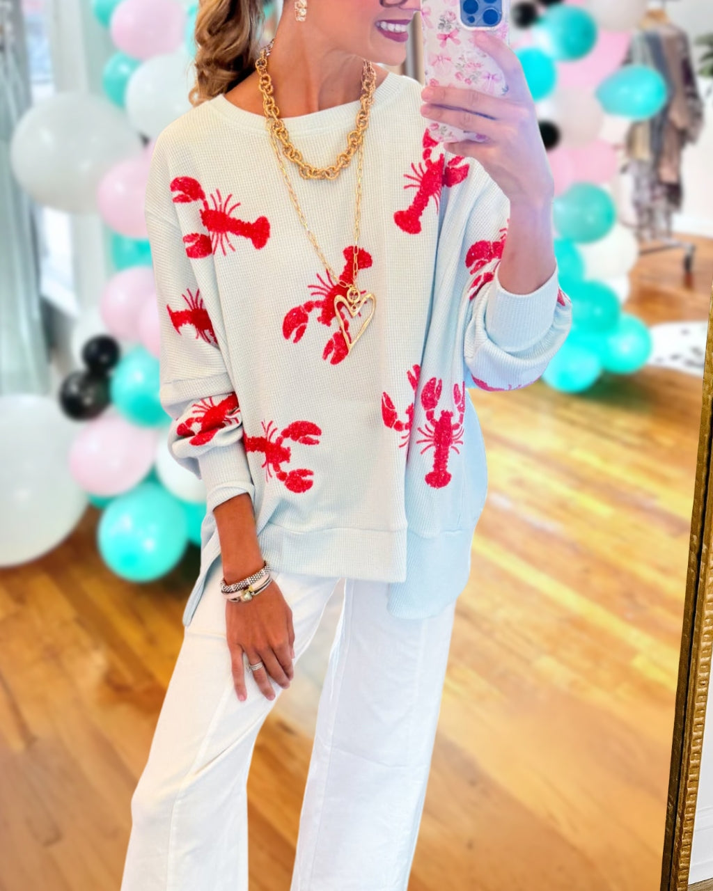 Ocean Glam Lobster Sequin Waffle Top