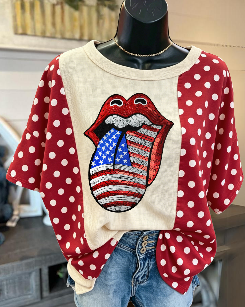 Flag-sequin Tongue Polka-dot top
