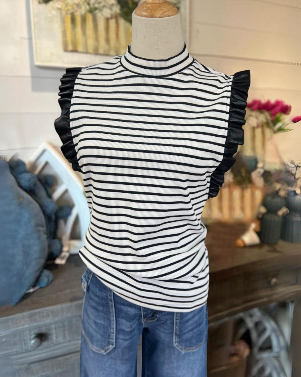 Striped Ruffled Sleeve Top
