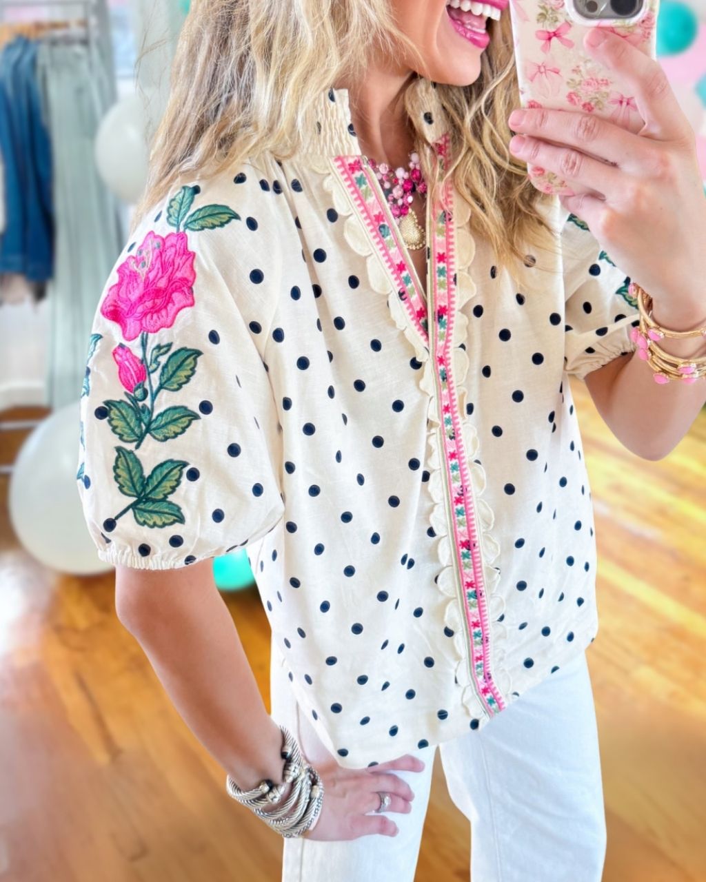 Floral Embroidered Polka Dot Top