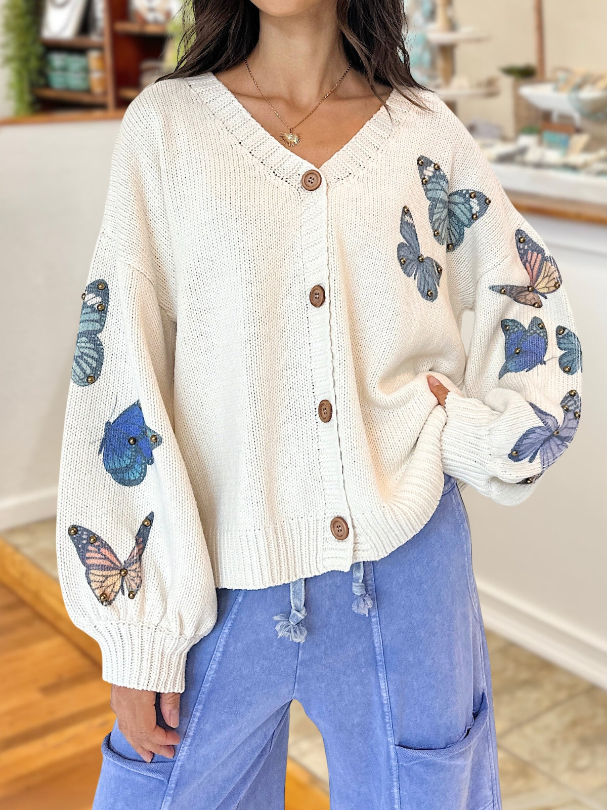 Butterfly Print Studded Cardigan