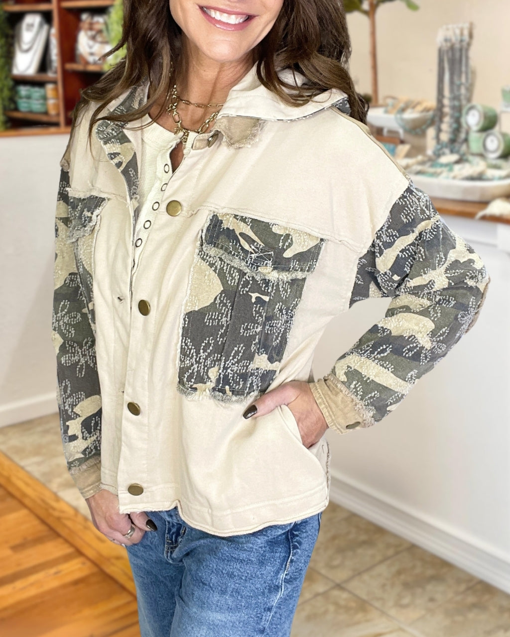 Camouflage Patchwork Frayed Edge Jacket