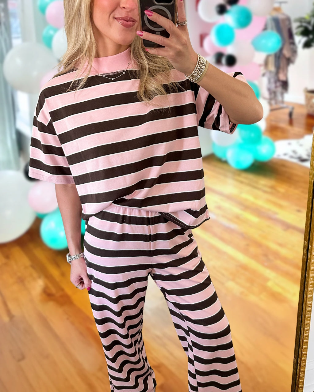 Casual Color-blocked Striped Set