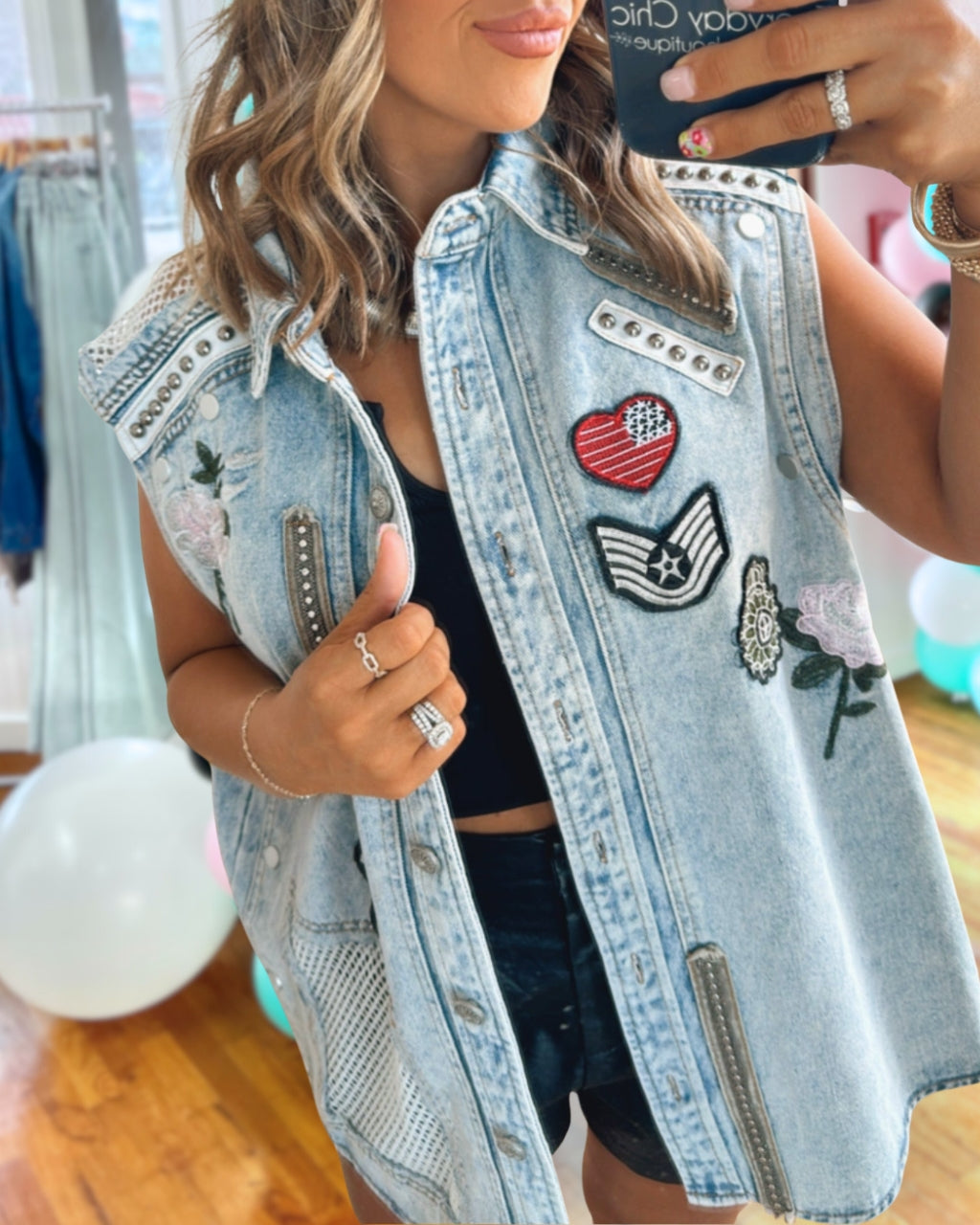 Embroidered Rhinestone Denim Vest