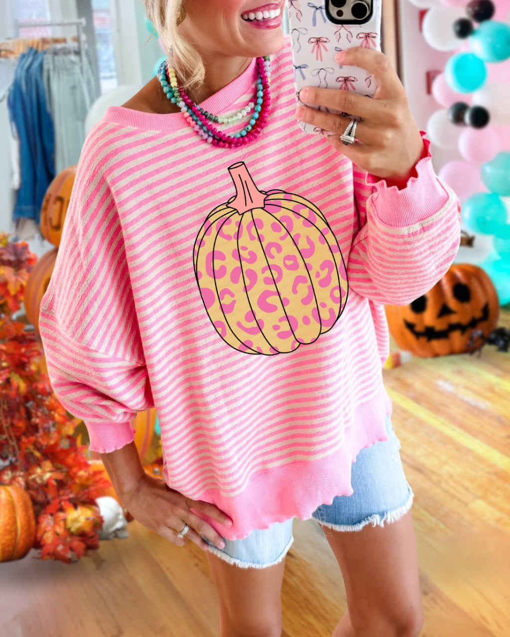 Fun Leopard Pumpkin Stripe Pullover