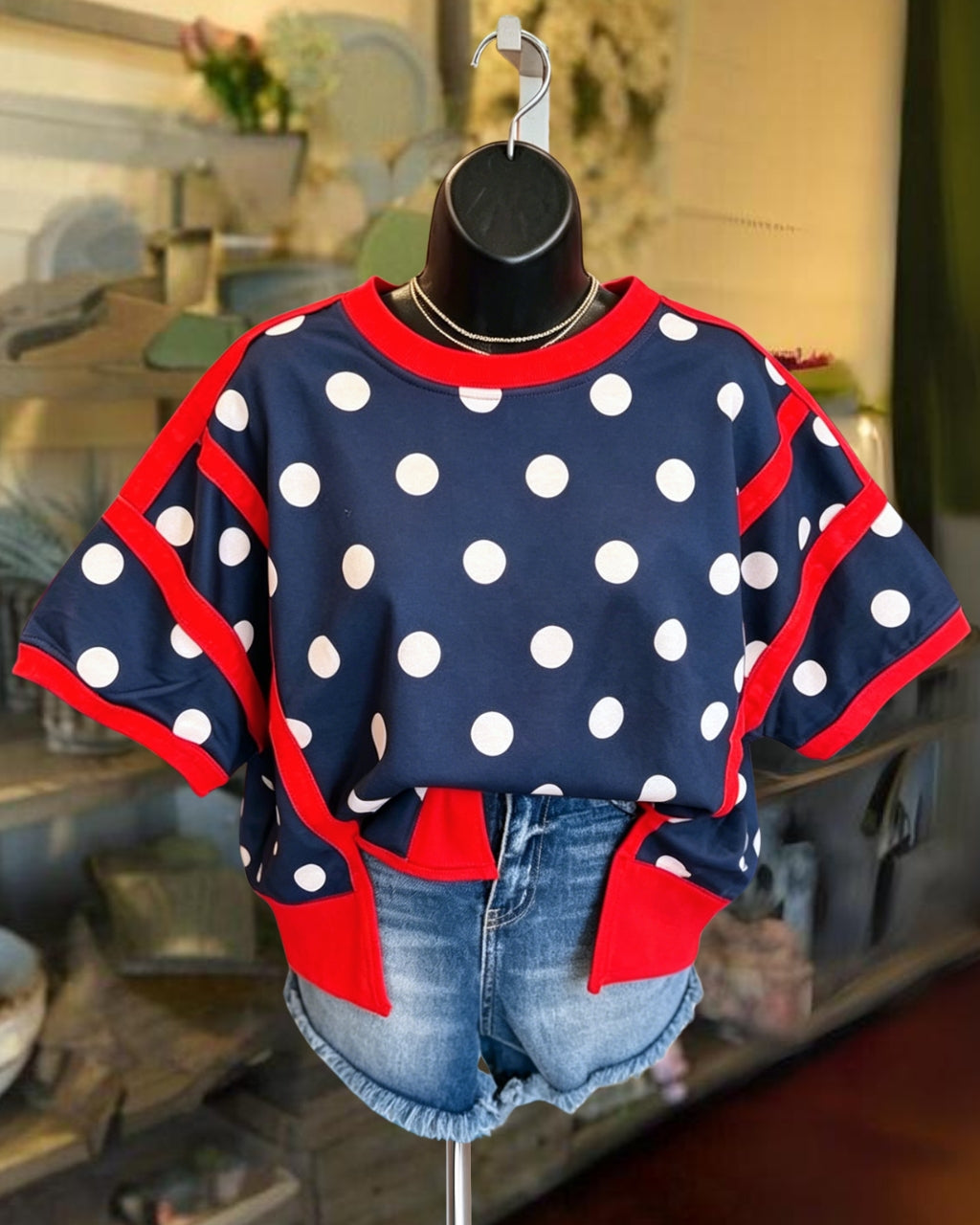 Polka Dot Contrasting Trim T-shirt