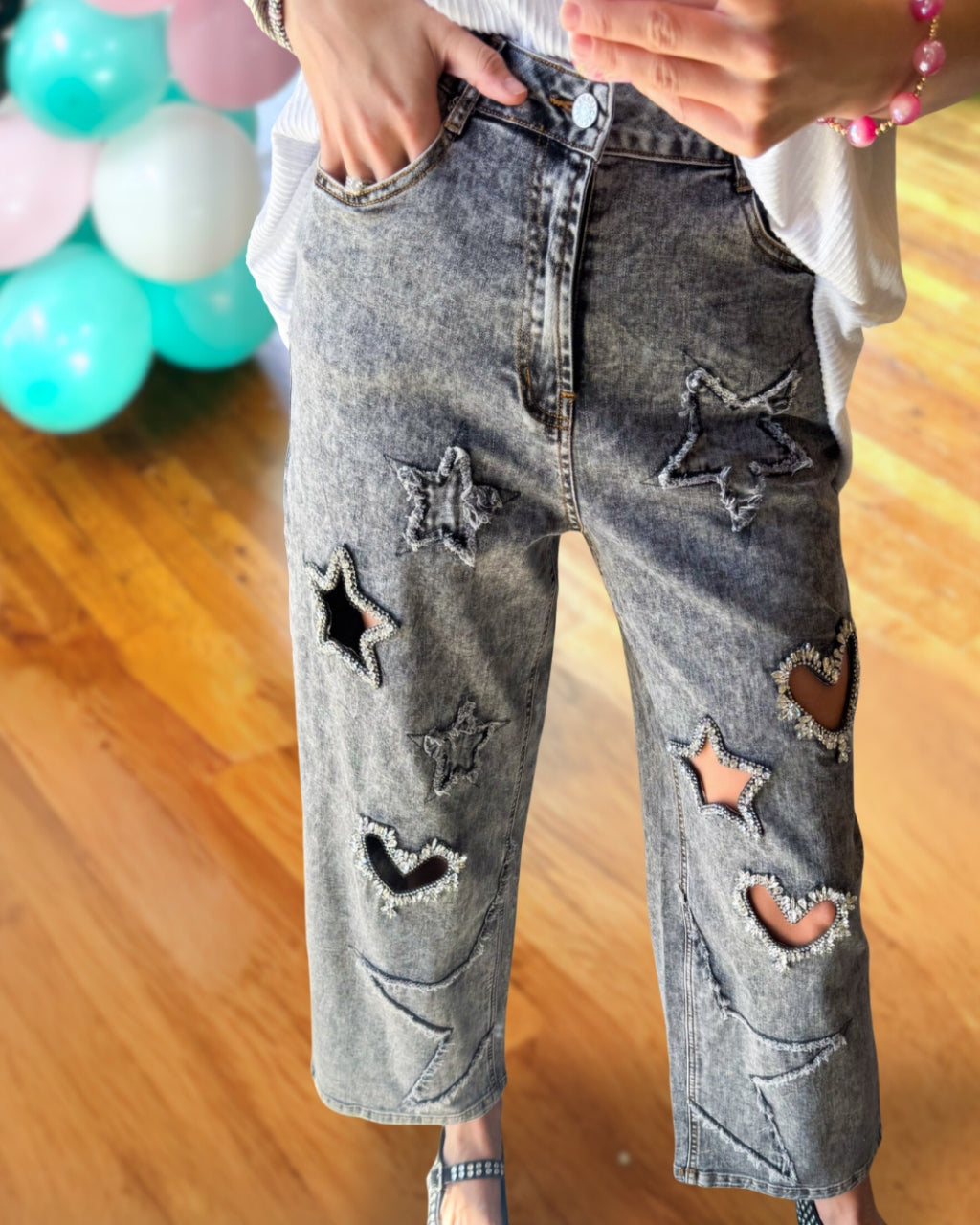 Star Heart Embroidered Cutout  Jeans