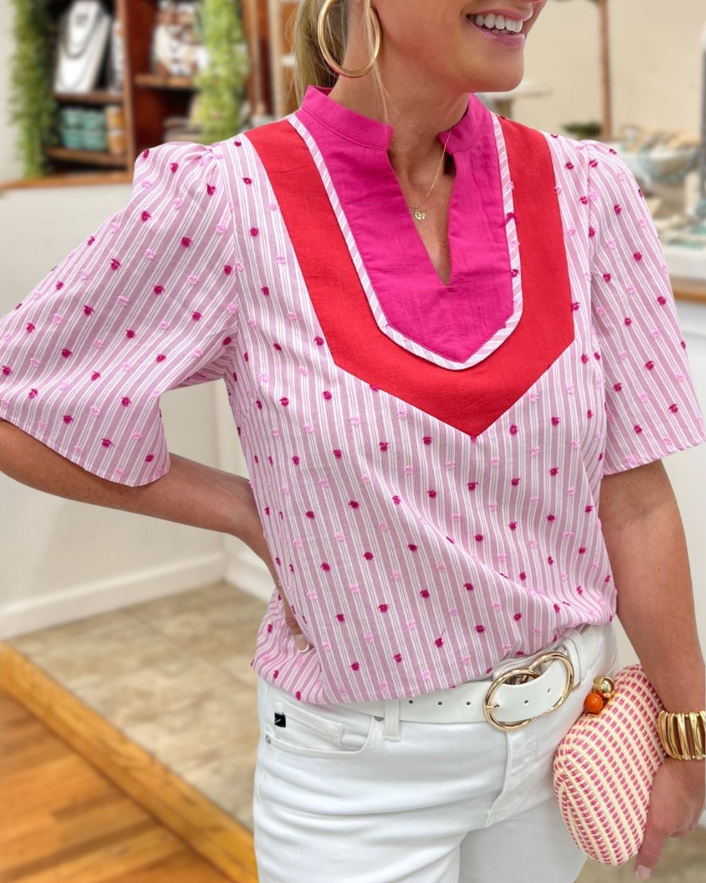 Jacquard Striped V-Neck Top