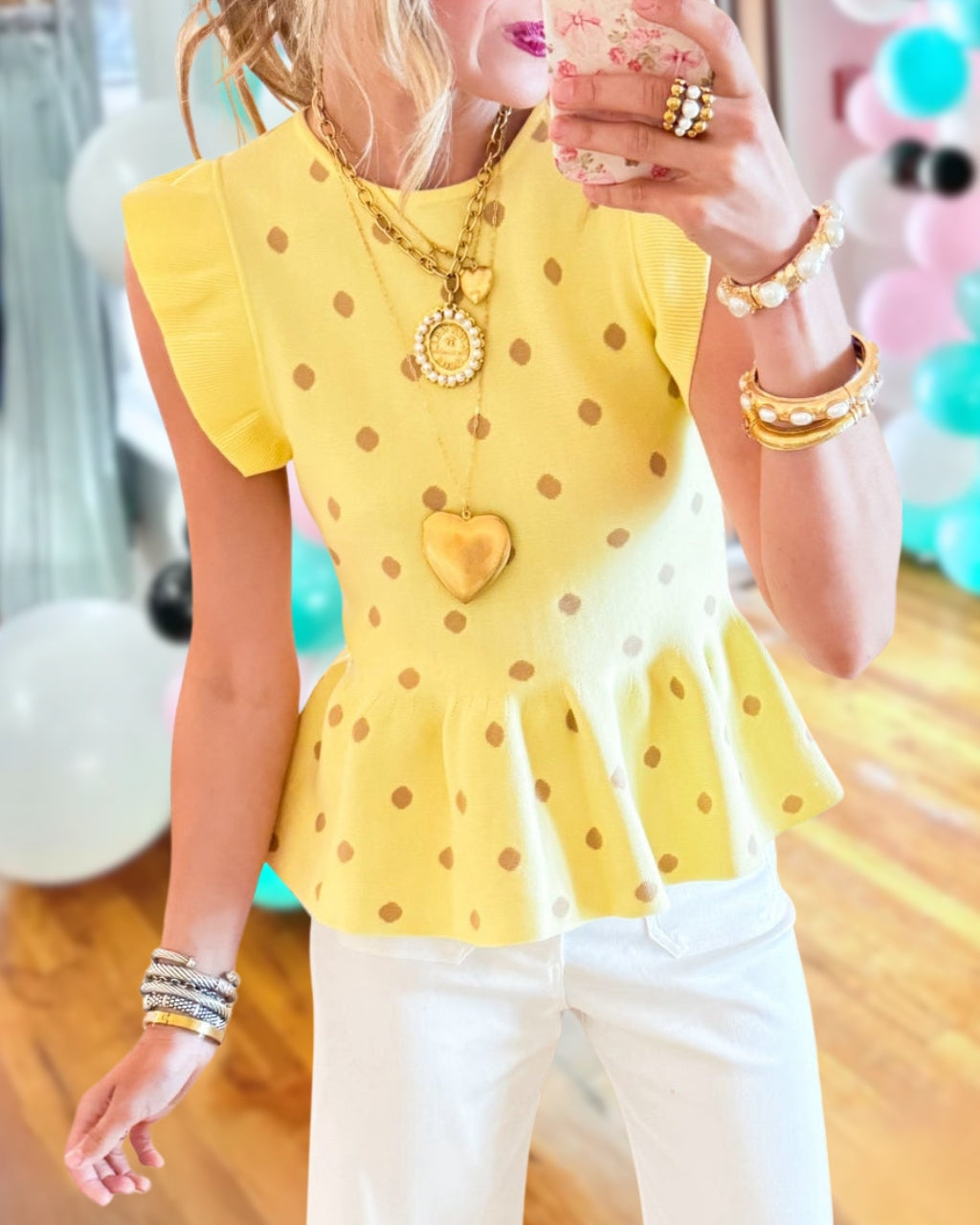 Polka-Dot Ribbed Trim Top