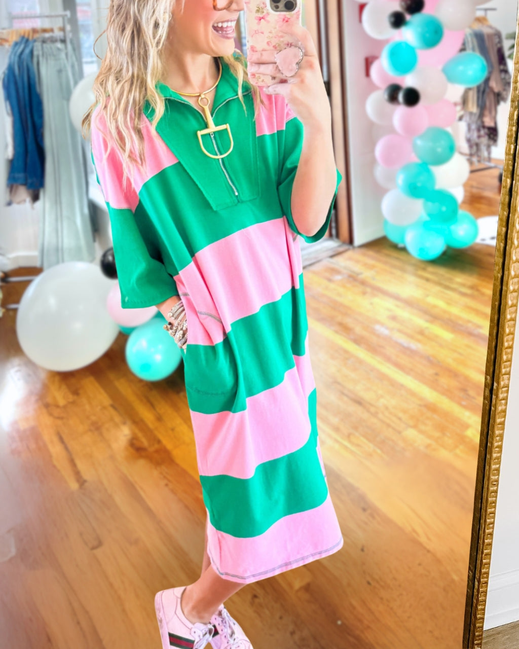 Color-block Striped Half-Zip Dress