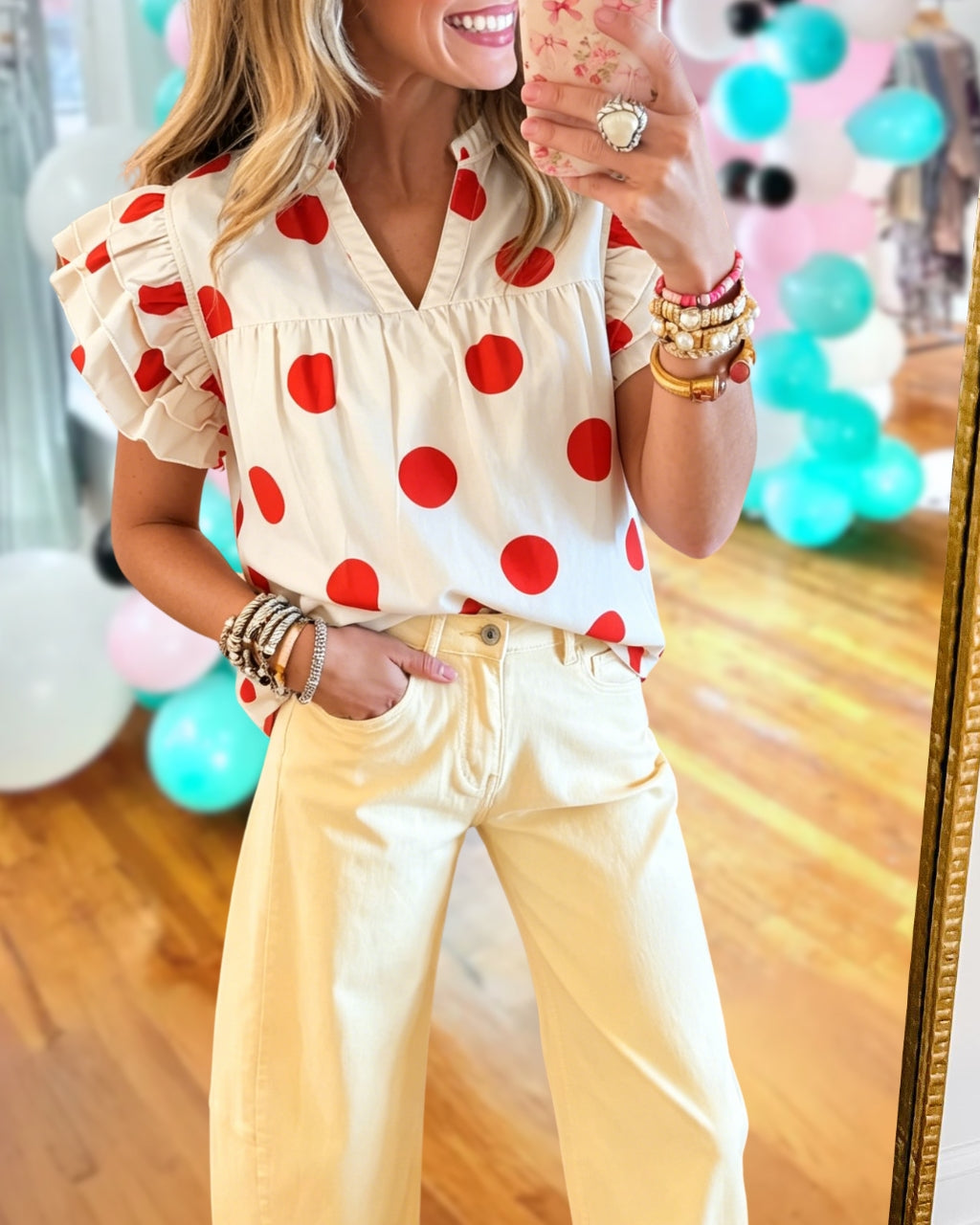 Polka-Dot Flutter Sleeves Top
