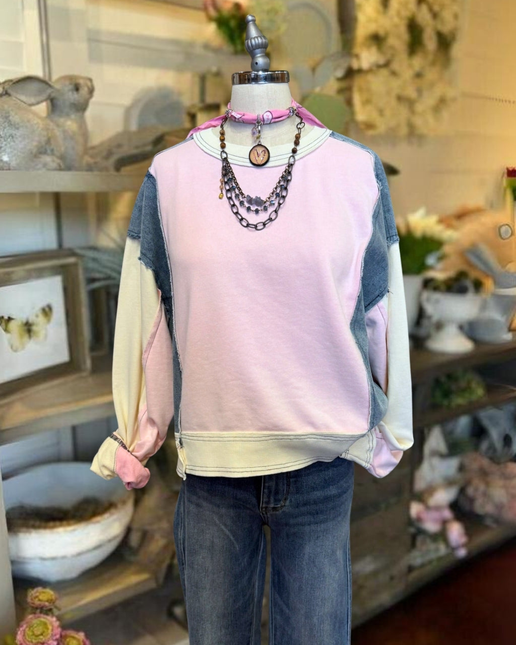 Washed Distressed Color Blocked Pullover