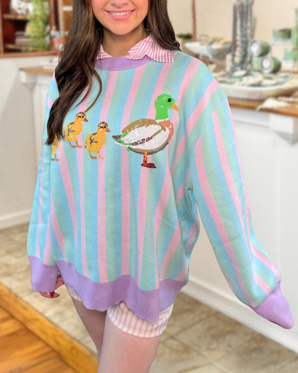 Lavender Stripe Duck Sequin Pullover