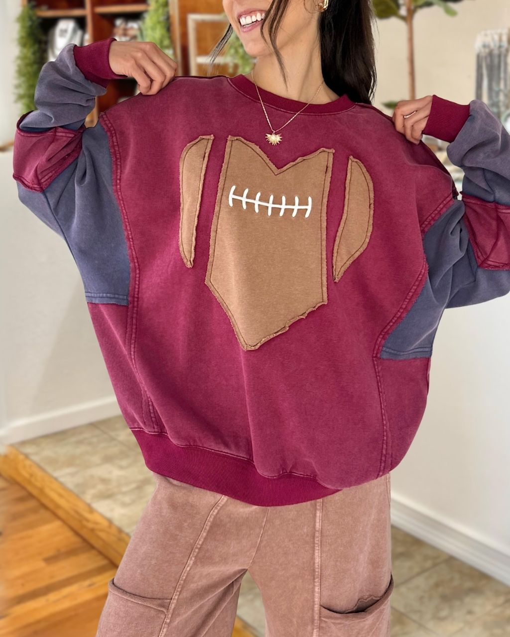 Football Embroidered Appliqué Washed Pullover