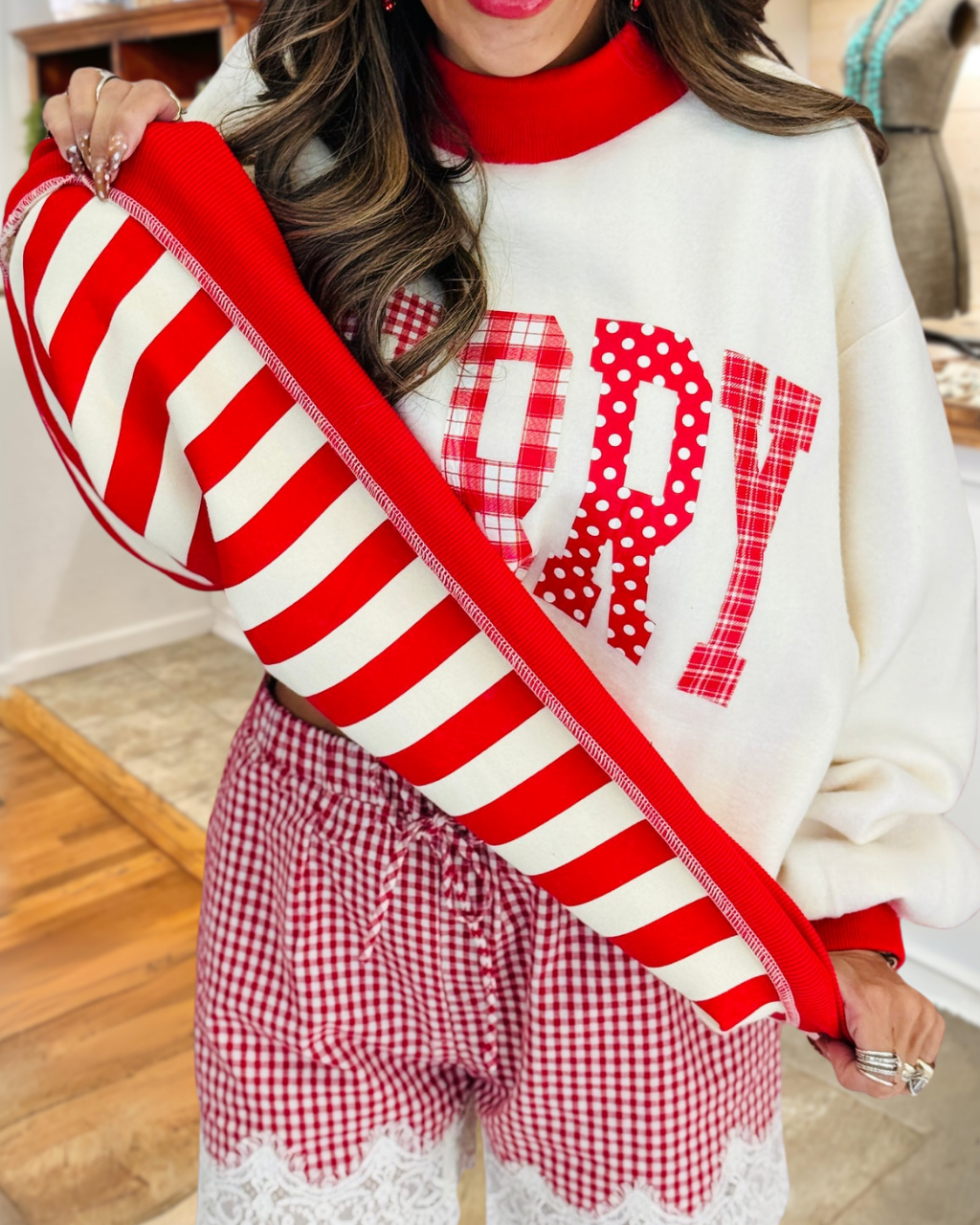 Merry Letter Patch Stripe Reversible Pullover