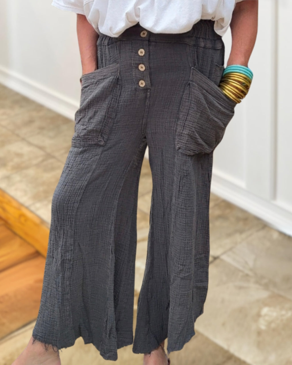 Cotton Crepe Frayed Hem Pants