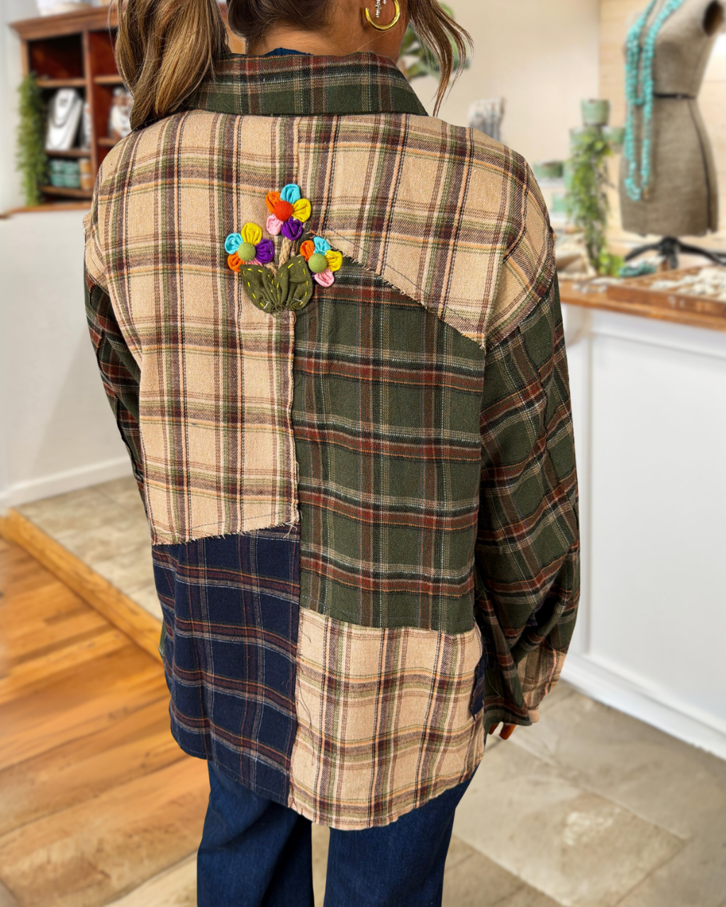Floral Embroidery Brushed Plaid Patchwork Shirt