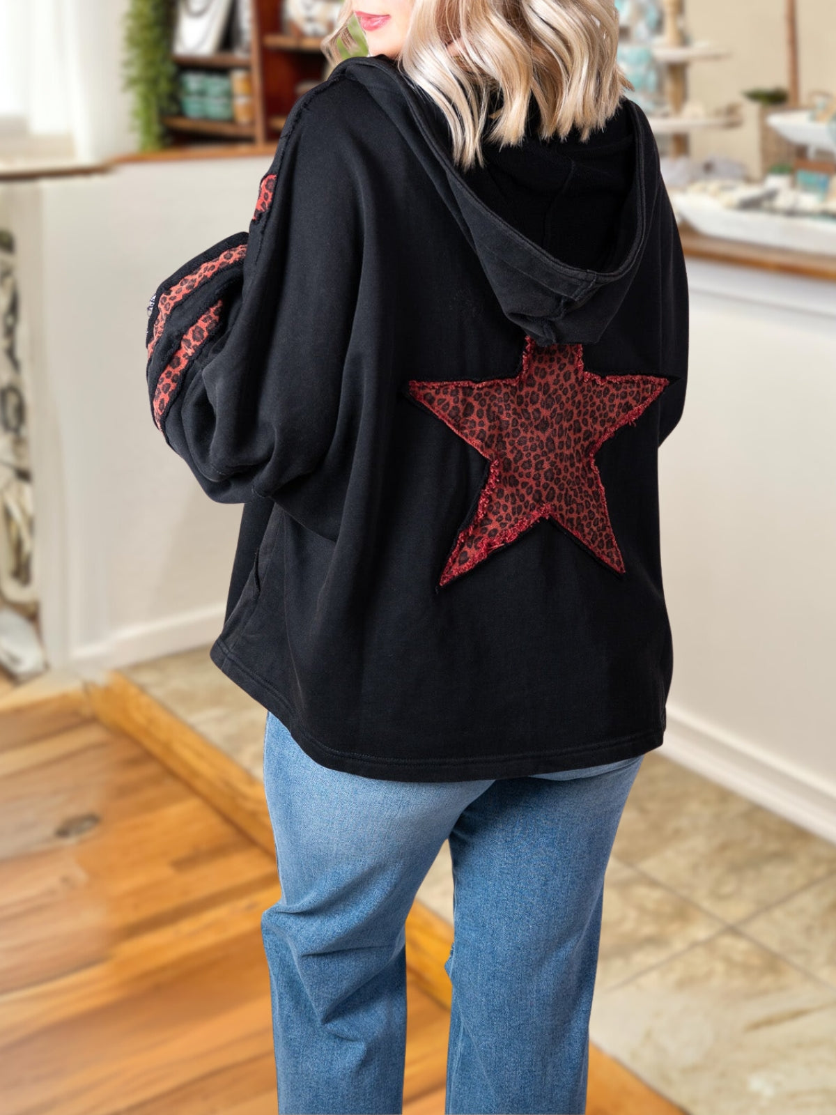 Leopard Print Star Patchwork Hooded Top