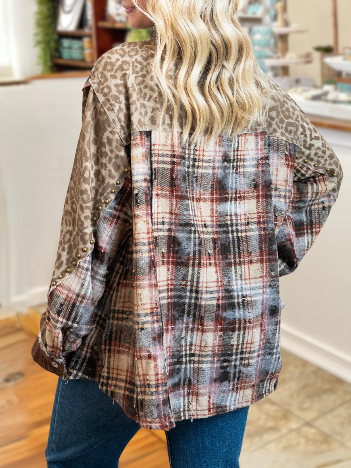 Leopard Print Plaid Patchwork Wool Blend Shirt