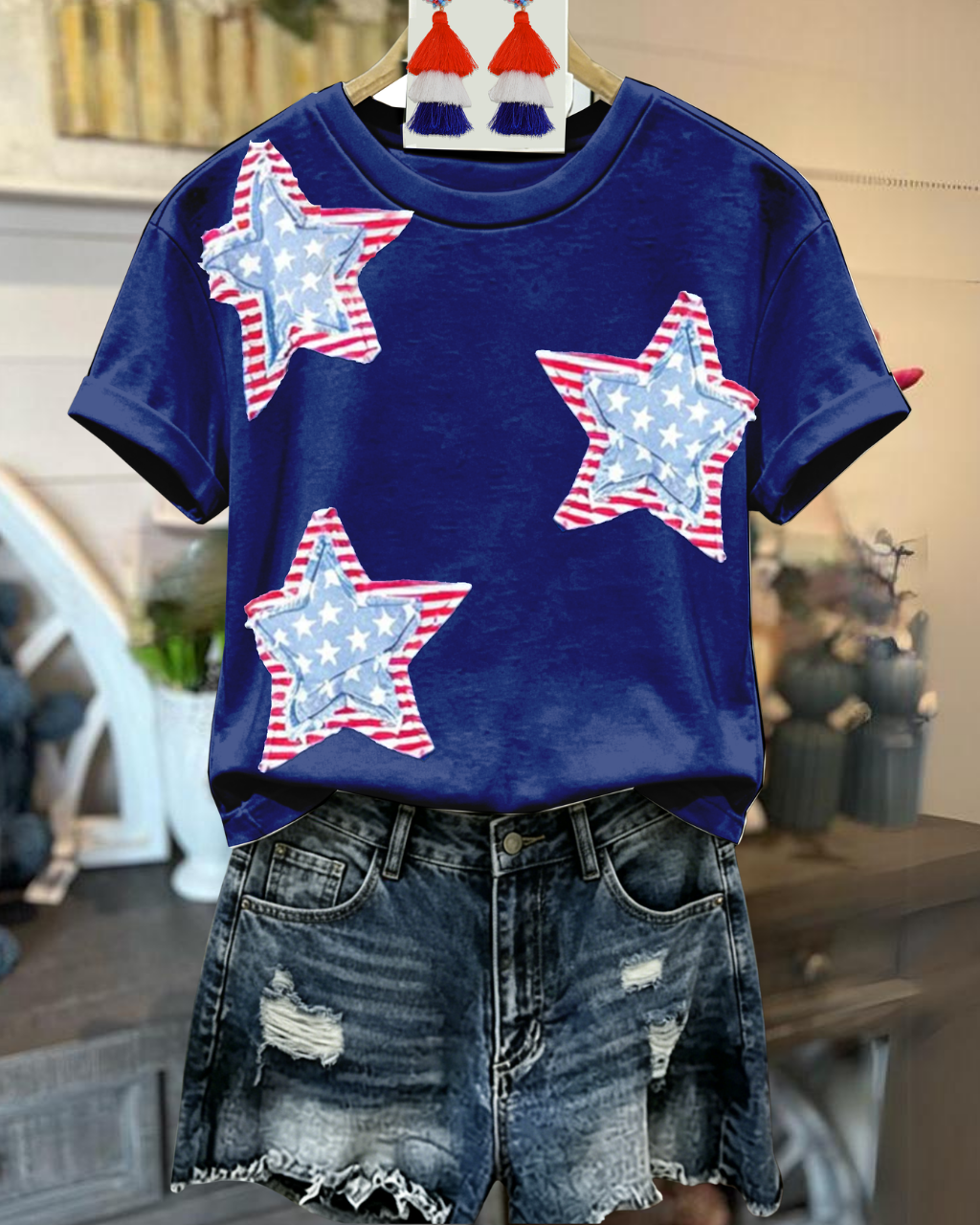 Striped Star Appliqué T-shirt