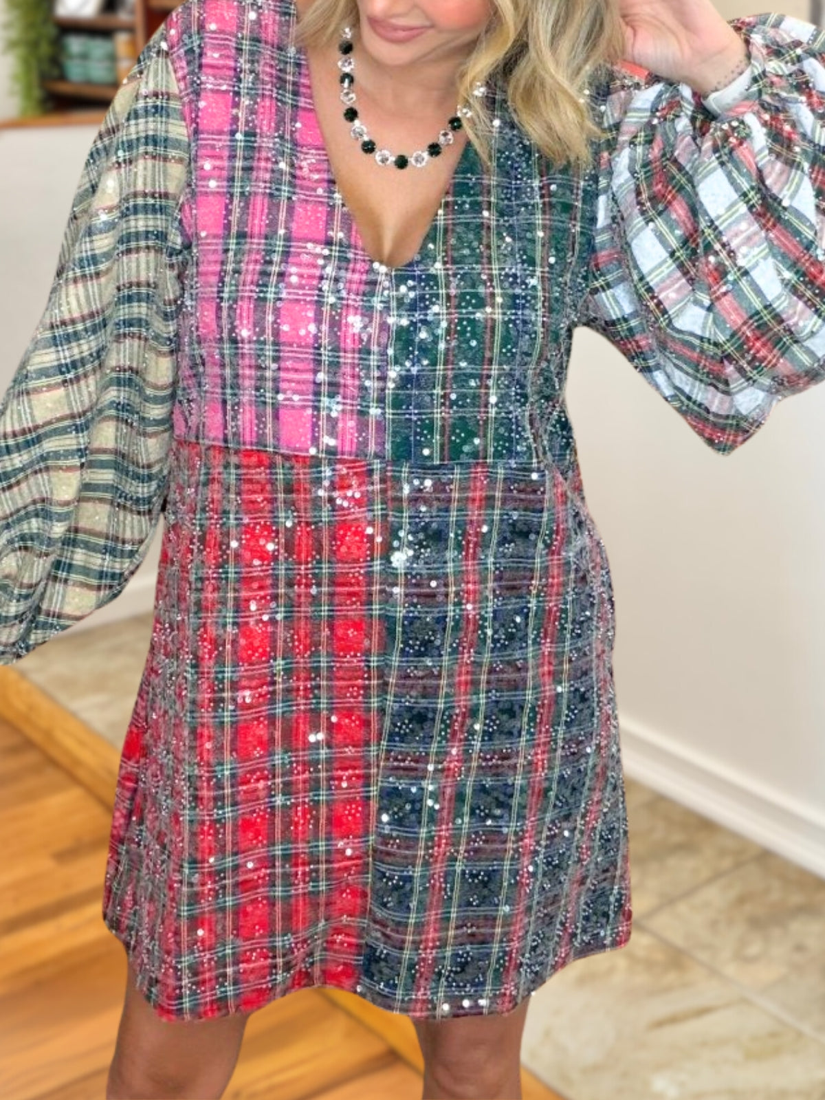 Multicolor Patchwork Plaid Sequin Dress