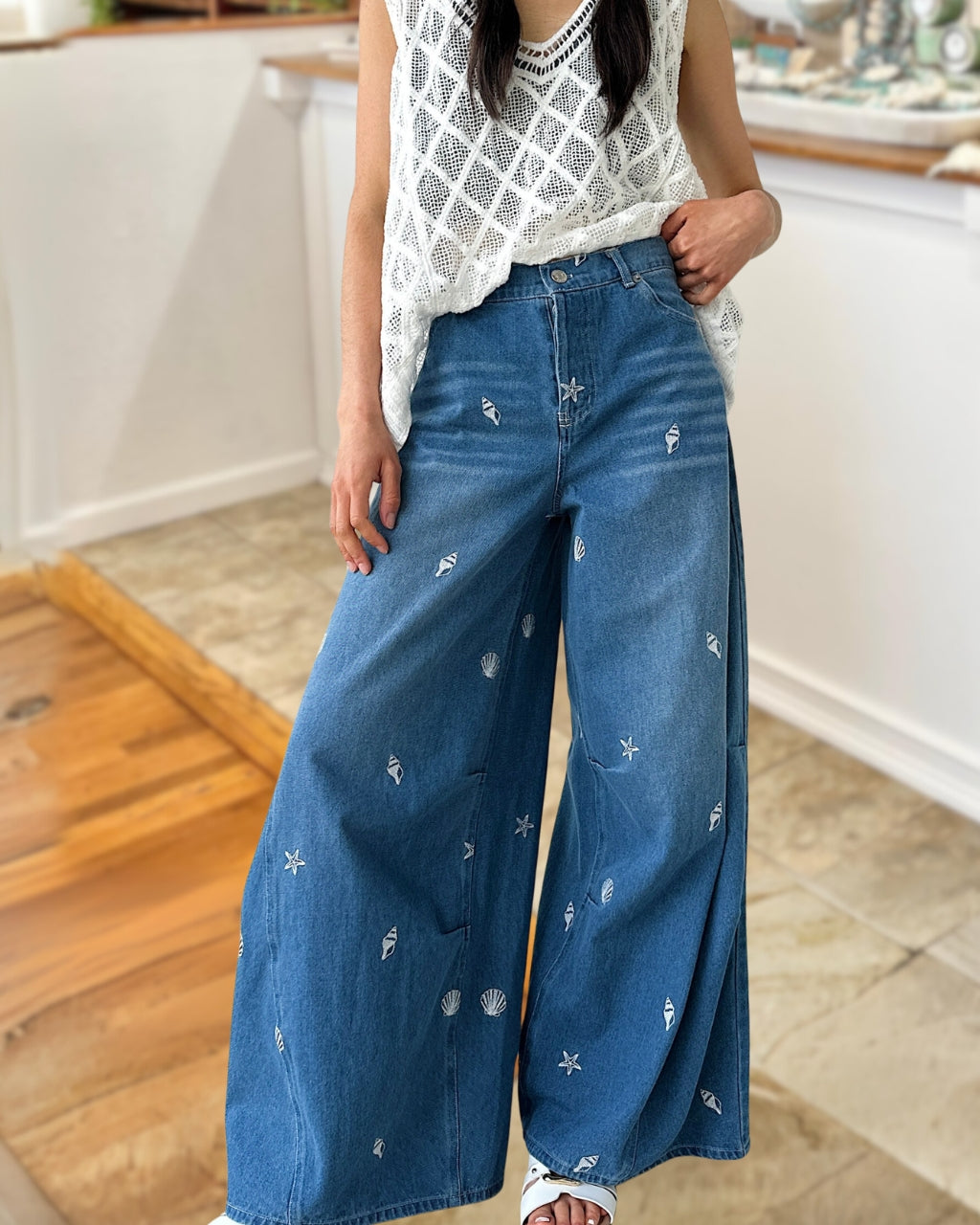 Coastal Embroidered Wide-Leg Denim Pants