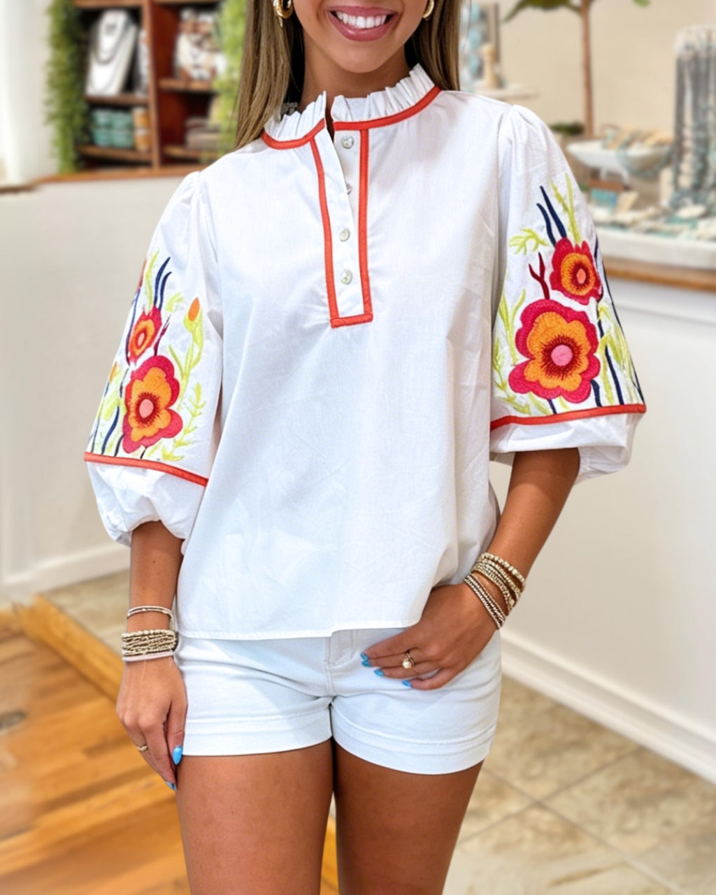 Floral Embroidered Poplin Top