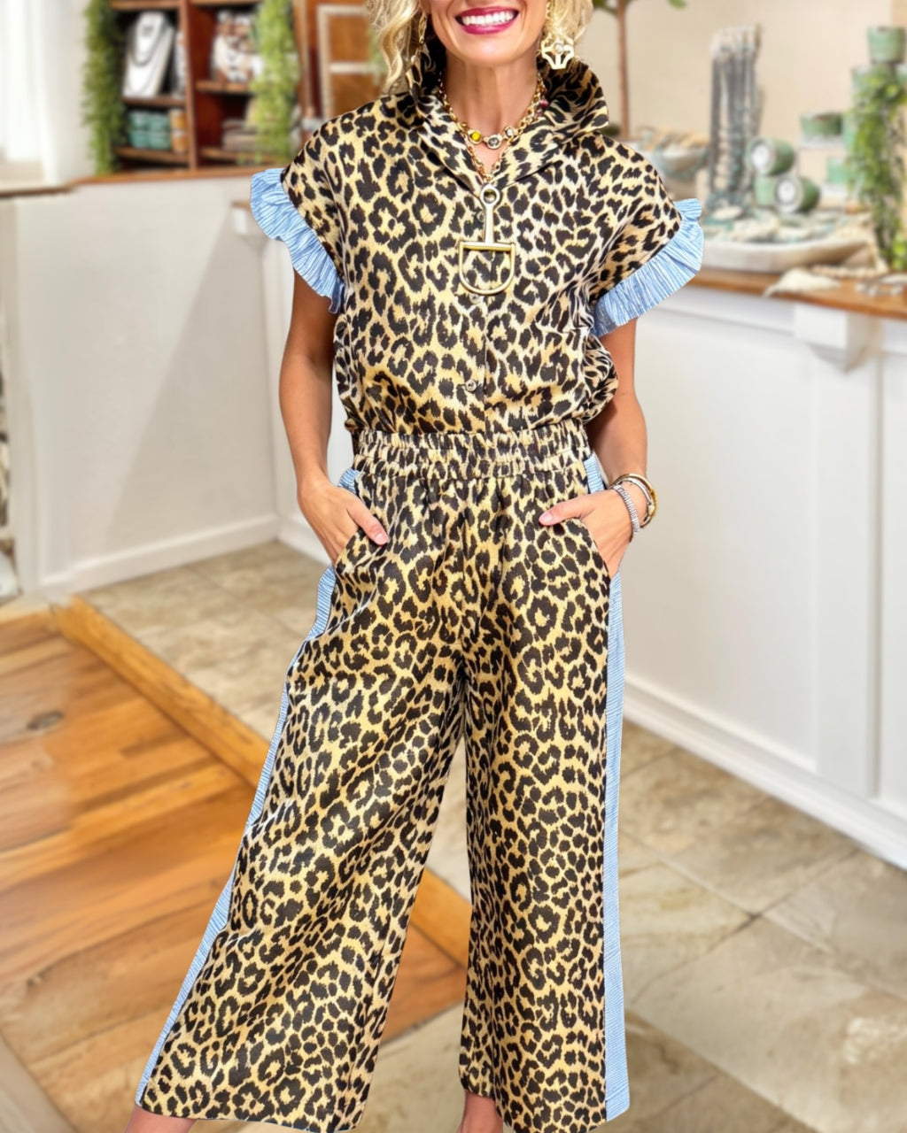 Contrasting Ruffle Trim Leopard Satin Set