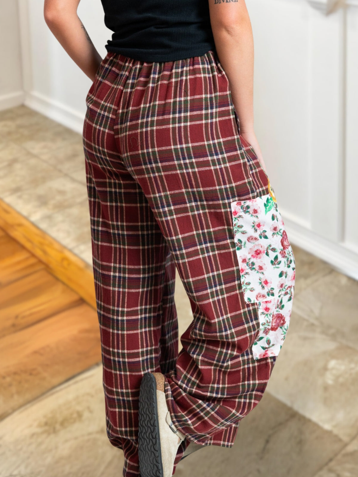 Floral Embroidered Wool Blend Plaid Pants
