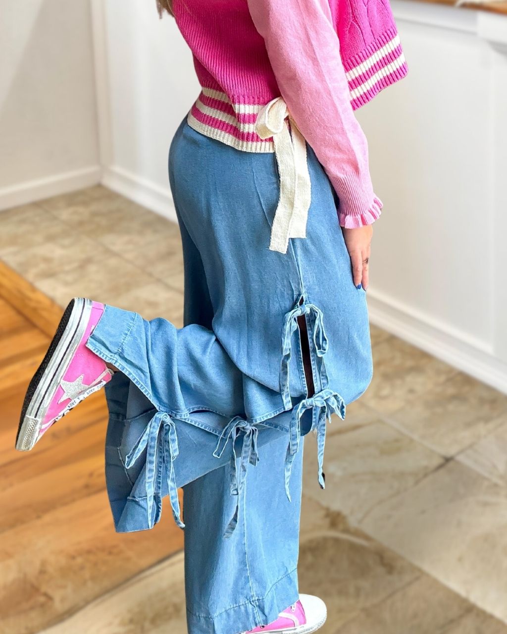 Bow-Tie Trim Denim Pants