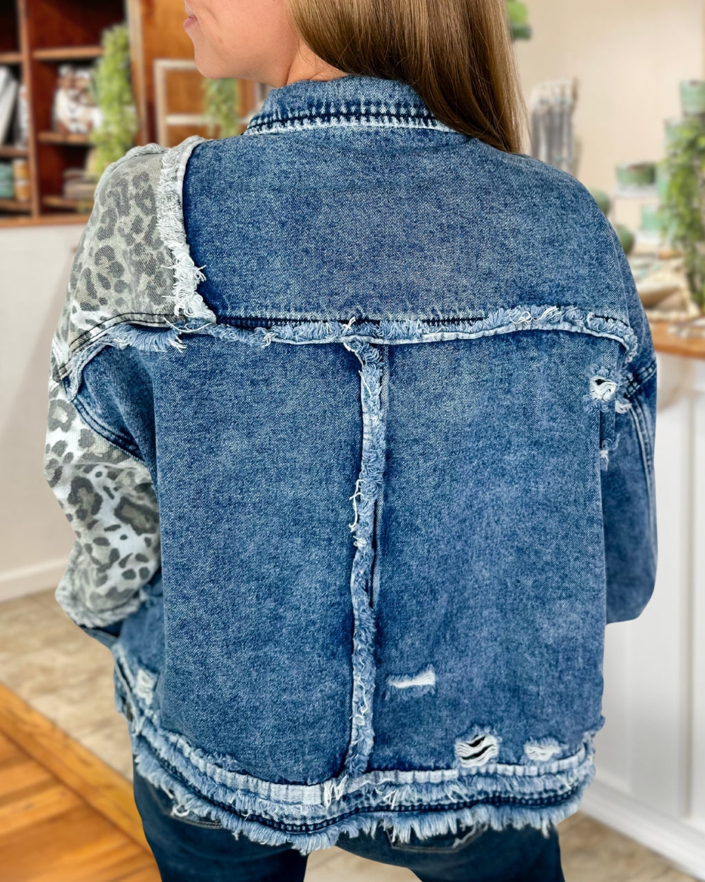Retro Distressed Leopard Denim Jacket