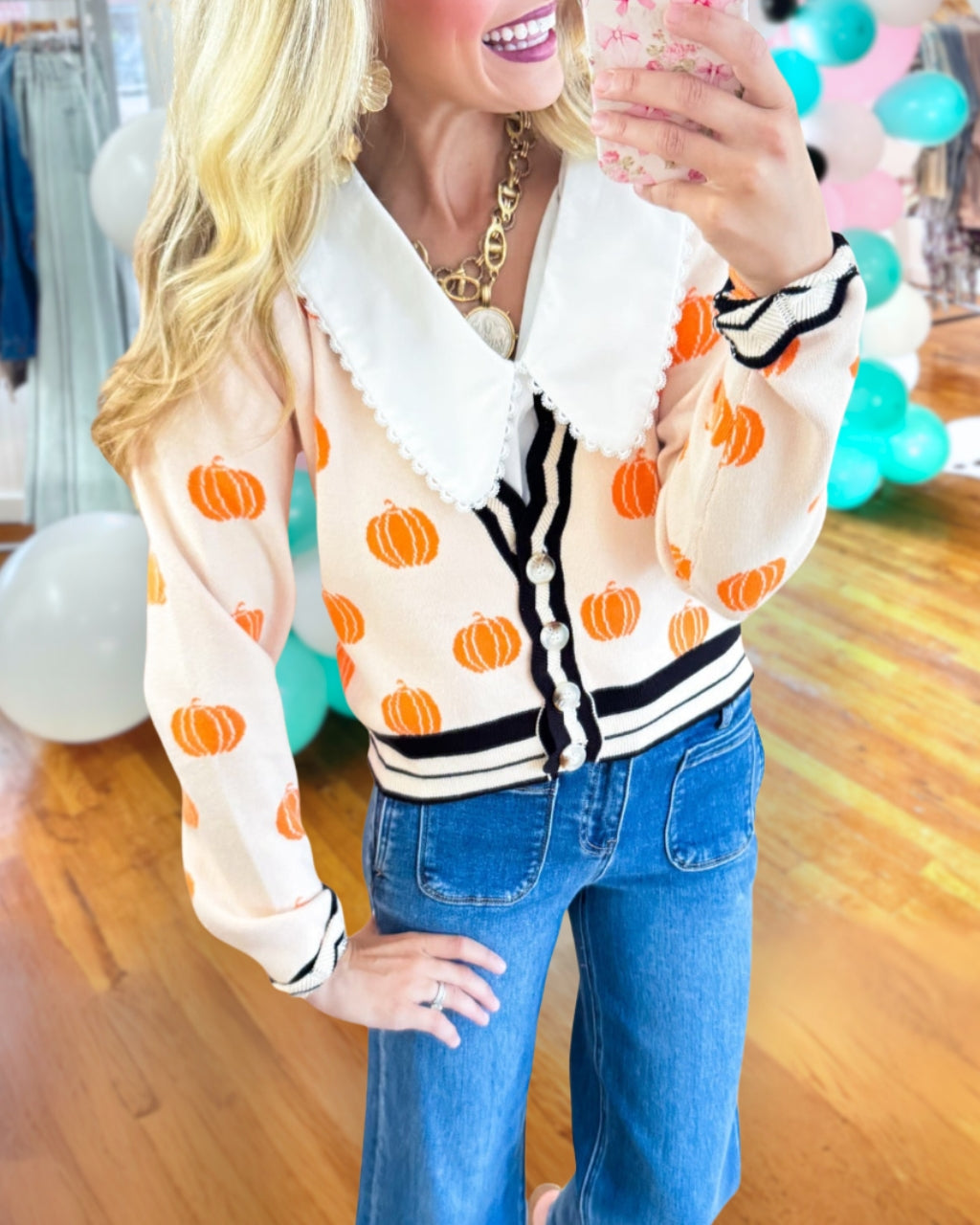 Pumpkin Print Knitted Cardigan