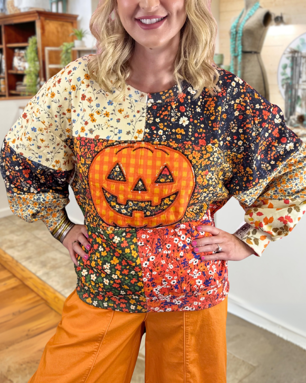 Colorful Patchwork Floral Pumpkin Pullover