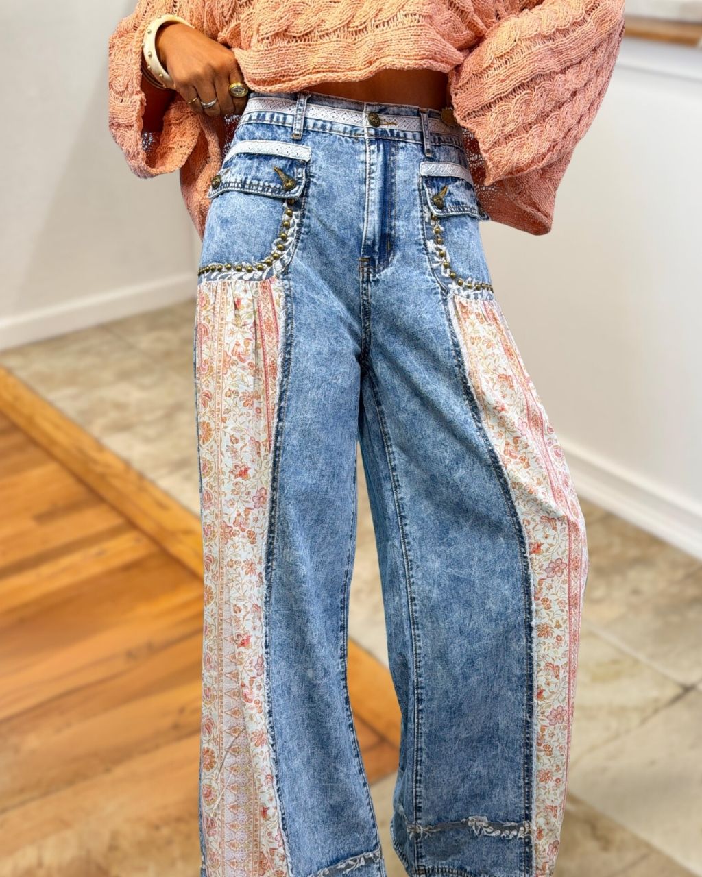 Floral Patchwork Wide-Leg Denim Pants